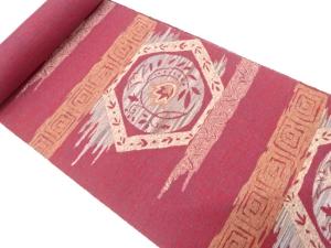 アンティーク　手織り紬　横段に花更紗模様織り出し　名古屋帯地反物